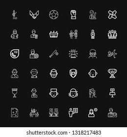 Editable 36 team icons for web and mobile. Set of team included icons line Employee, Add user, User, Communications, Paintball, Strategy, Table, Proposal, Avatar on black background