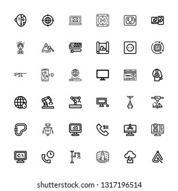 Editable 36 tech icons for web and mobile. Set of tech included icons line Triangle, Computer, Virtual reality, Industrial robot, Support, Call, Robot, Circuit on white background