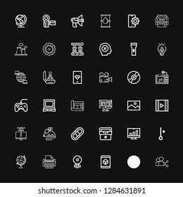 Editable 36 technology icons for web and mobile. Set of technology included icons line Share, Ecology, Cube, Webcam, Print, Globe, Thermometer, Computer, Fridge on black background