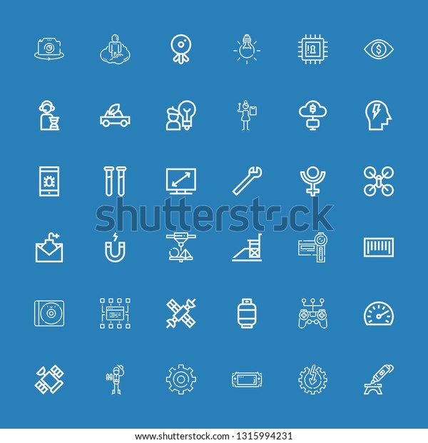 Editable 36\
technology icons for web and mobile. Set of technology included\
icons line d printing pen, Power, Console, Setting, Explorer,\
Satellite, Speedometer on blue\
background