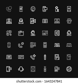 Editable 36 telephone icons for web and mobile. Set of telephone included icons line No phones, Smartphone, Tablet, Headset, Mobile, Text lines, Big ben, Phone call on black background
