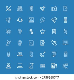 Editable 36 iconos de teléfono para web y móvil. Conjunto de teléfonos incluidos iconos línea Llamada telefónica, Smartphone, portátil, sin teléfono, centro de llamadas, llamada, tarjeta, antena parabólica en fondo azul