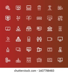 Editable 36 television icons for web and mobile. Set of television included icons line Monitor, Tv, Tower, Camcorder, News reporter, Video, Reel, Billboard, Remote control on red