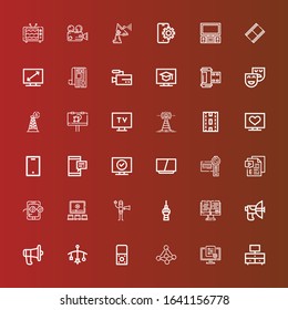 Editable 36 television icons for web and mobile. Set of television included icons line Television, Tv, Contact, Recorder, Mobile, Communication, Parabolic, Monitor, Fernsehturm berlin on red