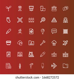 Iconos editables de plantilla para web y móvil. Conjunto de plantillas incluye iconos de línea Carpeta, avión, marcador, paloma, jeringa, archivo, mezquita, castillo, d, Youtuber, audiolibro en rojo