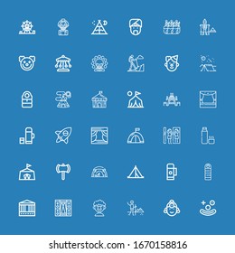 Editable 36 tent icons for web and mobile. Set of tent included icons line Clown, Indian, Hiking, Stage, Carousel, Sleeping bag, Thermo, Tent, Ax, Circus, Thermos on blue background