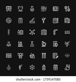 Bearbeitbare 36 Testsymbole für Web und Mobile. Testreihe mit den Symbolen der Reihe Flasche, Voltmeter, Kontaktlinse, Molekül, Kardiologe, Herzschlag, Liste, Teströhren auf schwarzem Hintergrund