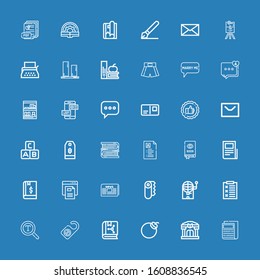 Editable 36 text icons for web and mobile. Set of text included icons line Newspaper, Library, Bomb, Book, Door hanger, Font, Report, Bingo, Paper, Text file on blue background