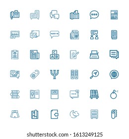 Editable 36 text icons for web and mobile. Set of text included icons line Paper, Bookcase, Night mode, Document, Magazine, Boxing shorts, Bomb, Bookshelf on white background