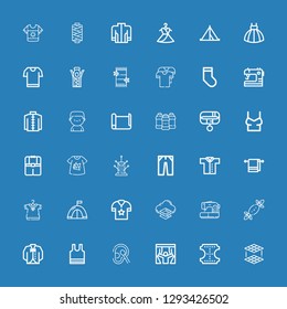 Editable 36 textile icons for web and mobile. Set of textile included icons line Layers, Leather, Curtains, Cotton, Sleeveless, Vest, Tissues, Sewing machine on blue background
