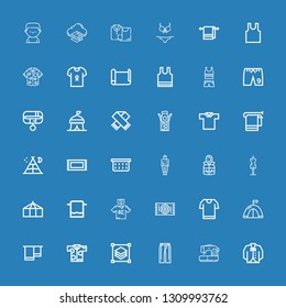 Editable 36 textile icons for web and mobile. Set of textile included icons line Vest, Sewing machine, Trousers, Layers, Shirt, Towel, Tent, Tshirt, Carpet on blue background