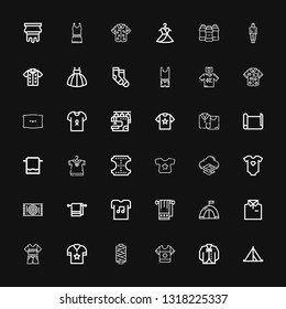 Editable 36 textile icons for web and mobile. Set of textile included icons line Tent, Vest, Shirt, Thread, Clothes, Towel, Tshirt, Carpet, Baby clothes, Layers on black background