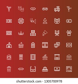 Editable 36 theater icons for web and mobile. Set of theater included icons line Stage, Theater, d glasses, Mask, Popcorn, Circus, Ticket office, Circus tent, Film, Bus ticket on red