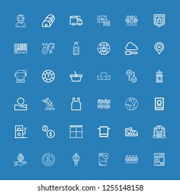 Editable 36 thin icons for web and mobile. Set of thin included icons line Freezer, Team, Drink, Detective, Coin, Laptop, Shoe, Towel, Border, Coins, Gas station on blue background
