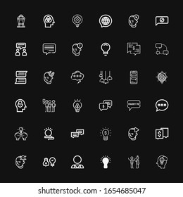 Editable 36 think icons for web and mobile. Set of think included icons line Imagination, Discussion, Idea, Psychologist, Ideas, Mind, Chat, Lightbulb, Lamp on black background