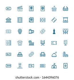 Editable 36 ticket icons for web and mobile. Set of ticket included icons line Passport, Circus, Ticket, Statue, Travel, Salver, d glasses, Theater, Flight information on white background