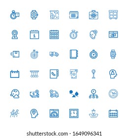 Editable 36 time icons for web and mobile. Set of time included icons line Calendar, Ship, Clock, Speed, Mind, Race, Time, Delivery, Money, Full moon, Agenda on white background