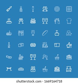 Editable 36 toast icons for web and mobile. Set of toast included icons line Toaster, Pancakes, Champagne, Bread, Cheers, Ice bucket, Breakfast, Toast, Roll cake on blue background