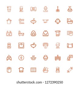 Editable 36 toilet icons for web and mobile. Set of toilet included icons line Tissues, Girl, Bath, Towel, Toilet paper, Woman, Sewing box, Man, Litter box on white background