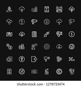 Editable 36 token icons for web and mobile. Set of token included icons line Hair dryer, Pound, Coins, Iso, No drugs, Report, Subscript, Coin, Logout, Question mark on black background