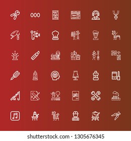 Editable 36 tools icons for web and mobile. Set of tools included icons line Shears, Easel, Electrician, Gardener, Music, Lawn, Tools, Garden, Edit Fishing, Configuration on red