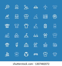 Editable 36 top icons for web and mobile. Set of top included icons line Shirt, Step, Hoodie, Tshirt, Climbing, Attraction, Circus, Goals, Baby hat, Goal, Magic hat on blue background
