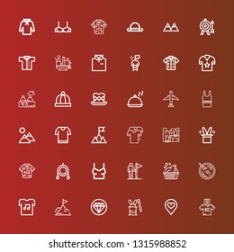 Editable 36 top icons for web and mobile. Set of top included icons line Tshirt, Favorite, Magic hat, Quality, Achievement, Sour soup, Washbowl, Goals, Shirt, Toy, Cliff on red