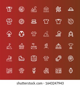 Editable 36 top icons for web and mobile. Set of top included icons line Spinning top, Topping, Yoyo, Goal, Shirt, Cliff, Favorite, Hidrive, Cardigan, Climbing, Mountains on red