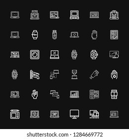 Editable 36 touch icons for web and mobile. Set of touch included icons line Laptop, Screens, Screen, Graphic tablet, Ereader, Responsive, Devices, Hand, Tablet on black background