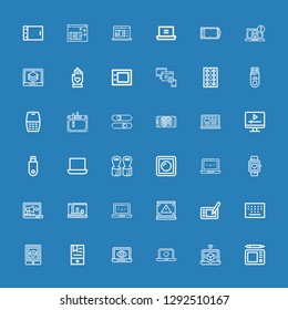 Editable 36 touch icons for web and mobile. Set of touch included icons line Graphic tablet, Laptop, Ebook, Tablet, Keypad, Smartwatch, Dimmer, Hand grip, Pendrive on blue background