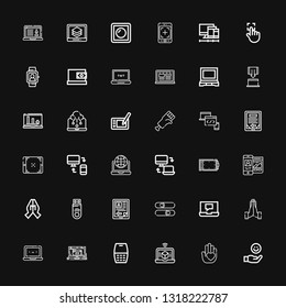 Editable 36 touch icons for web and mobile. Set of touch included icons line Hand, Laptop, Cellphone, Hands, Sliders, Ebook, Pendrive, Responsive, Graphic tablet on black background