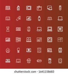 Editable 36 touch icons for web and mobile. Set of touch included icons line Tablet, Hand, Off, Hands, Laptop, Ereader, Smartwatch, Screen, Dimmer, Responsive, Fingerprint scan on red
