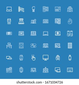 Editable 36 touch icons for web and mobile. Set of touch included icons line Keypad, Responsive, Laptop, Smartwatch, Pendrive, Hand, Screen, Touch, Devices on blue background