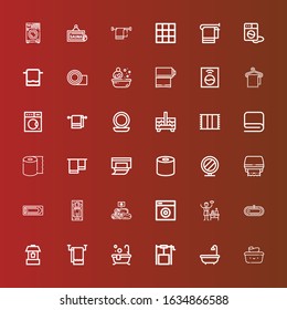 Editable 36 towel icons for web and mobile. Set of towel included icons line Wet wipes, Bath, Well, Towel, Spa, Washing machine, Towels, Massage, Toilet paper, Mirror, Tissue on red