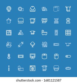 Bearbeitbar 36 Handtuchsymbole für Web und Mobile. Handtuchset inklusive Ikonen Linie Bad, Toilettenpapier, Handtuch, Waschmaschine, Yogamat, Spiegel, Roll, Gewebe, Doormat auf blauem Hintergrund