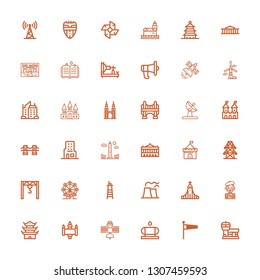 Editable 36 tower icons for web and mobile. Set of tower included icons line Airport, Windsock, Water tank, Satellite, Signal, Pagoda, Mime, Hallgrimskirkja on white background