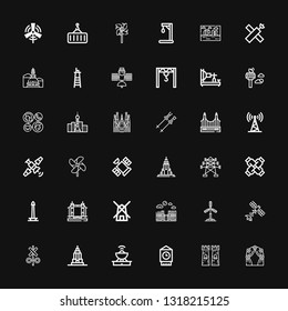 Editable 36 tower icons for web and mobile. Set of tower included icons line Arch, Tower, Big ben, Antenna, Empire state, Signal, Satellite, Windmill, Merida on black background