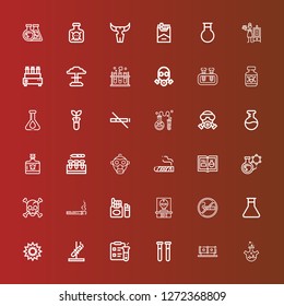 Editable 36 toxic icons for web and mobile. Set of toxic included icons line Flask, Tube, Test tubes, Science, Test tube, Explosion, Smoking, Skull, Cigarette, Chemistry on red
