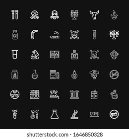 Bearbeitbar 36 toxische Icons für Web und Mobile. Reihe giftiger Inkonikonikonen Linie No Raucher, Tube, Reagenzröhre, Kolben, Chemie, Elixir, Zigarette, Teströhren, Wissenschaft auf schwarzem Hintergrund