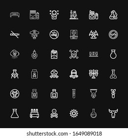 Editable 36 toxic icons for web and mobile. Set of toxic included icons line Skull, Flask, Explosion, Test tube, Lab, Toxic, Posion, Biohazard, Gas mask, Poison on black background