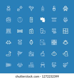 Editable 36 toy icons for web and mobile. Set of toy included icons line Dog, Baby chair, Abc, Robot mask, Xylophone, Baby boy, Sand bucket, Kindergarten, Feeder on blue background