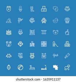 Editable 36 toy icons for web and mobile. Set of toy included icons line Baby, Puzzle, Kick scooter, Duck, Beach ball, Spinning top, Rattle, Water gun, Monster on blue background