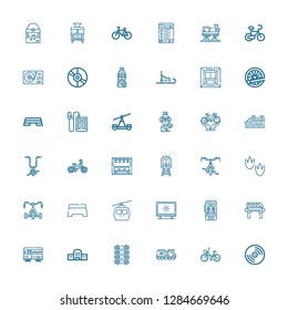Editable 36 track icons for web and mobile. Set of track included icons line Vinyl, Bicycle, Train, Railway, Train station, Voice recorder, Tracing, Cableway on white background