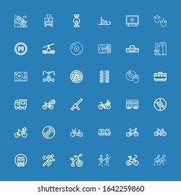 Editable 36 track icons for web and mobile. Set of track included icons line Race, Bicycle, Racing, Running, Railway, Train, Vinyl, Baton, Turntable, Ski, Train station on blue background