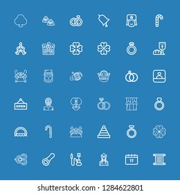 Editable 36 tradition icons for web and mobile. Set of tradition included icons line Torah, Saint Patrick, Dutch, Hookah, Opener, Thai, Clover, Ring, Rings on blue background