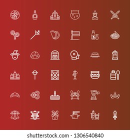Editable 36 traditional icons for web and mobile. Set of traditional included icons line Sword, Tandoor, Noodles, Windmill, Pagoda, Bell, Mask, Hourglass, Samurai, Cake on red