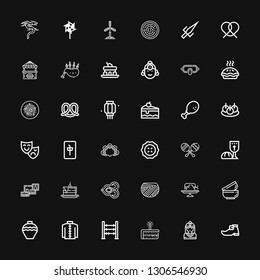 Editable 36 traditional icons for web and mobile. Set of traditional included icons line Leprechaun shoe, Native american, Cake, Abacus, Kimono, Pottery, Bowls on black background