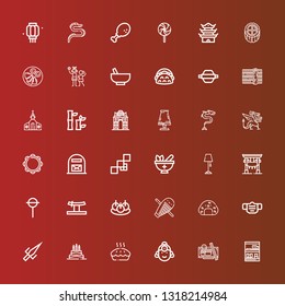 Editable 36 traditional icons for web and mobile. Set of traditional included icons line Bookcase, Sushi, Indian, Pie, Birthday cake, Sai, Mask, Onigiri, Guiro, Bitterballen on red