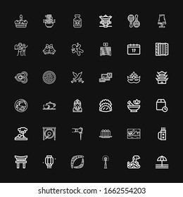 Editable 36 traditional icons for web and mobile. Set of traditional included icons line Bell, Snake, Lamp post, Boomerang, Lantern, Torii, Quiver, Savannah on black background