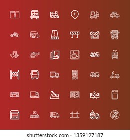 Editable 36 traffic icons for web and mobile. Set of traffic included icons line Gps, Delivery truck, Queue, Truck, Bus, Bus stop, Jam, Accident, Route, Scooter, Train on red